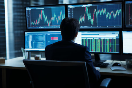 Investor tracking stock price trader shareholder global exchange financial advisor analysing market shares economy business businessman financial graph chart global recession bump dump risk managementの素材