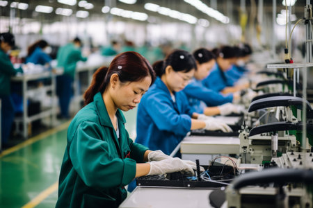 Asian workers on high tech factory assembly line smartphone manufacturing electronics factory microchip production engineering mechanics technicians industrial warehouse technology labor workersの素材