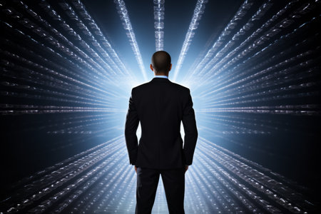 Modern european american businessman standing in cyberspace business man scientific abstract internet background web connection technology augmented virtual reality ar vr big data abstract scienceの素材