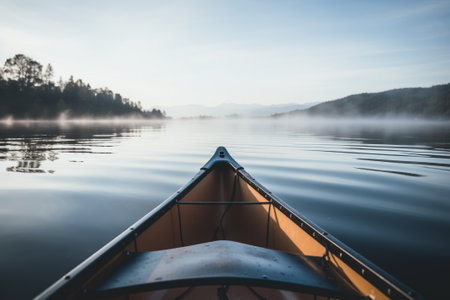Canoe on a lake wooden boat kayak in water summer canoeing kayaking autumn travelling fresh calm still water rural adventure exploration countryside camping untouched nature beautiful forest landscapeの素材