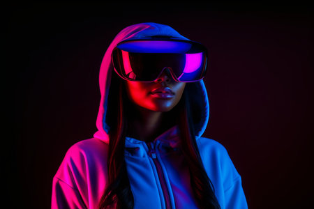 Young african female student use computer technology girl VR headset virtual reality goggles exploration metaverse modern advanced tech future progress playing cyber game experience gaming backgroundの素材