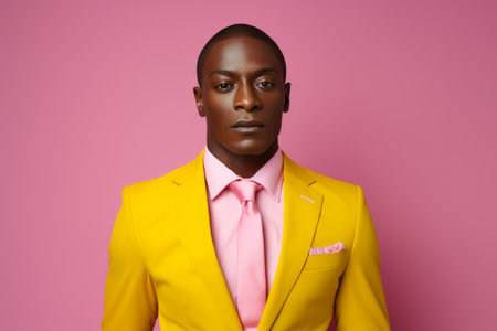 Handsome confident African American ethnic man guy male model in trendy fashionable yellow suit businessman isolated on pink studio wall background backdrop style fashion business store shop discountの素材