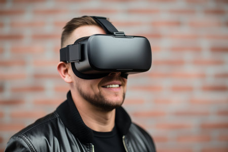 Smiling european man guy use computer technology happy person wear VR headset virtual reality goggles exploration metaverse modern advanced tech future progress plays cyber game experience backgroundの素材
