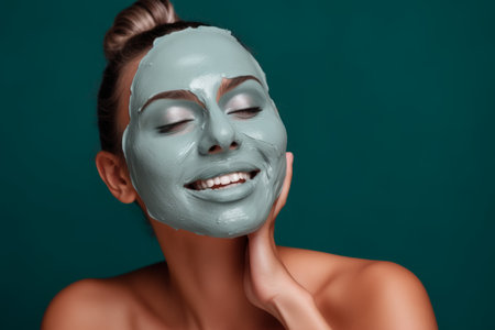 Beautiful young woman facial mask clay charcoal skincare female lady taking care skin beauty moisturizing cream moisturizer cosmetics cosmetology relaxed face facial serum smooth natural skin make-upの素材