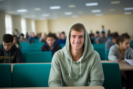 Happy male student young man guy at table sit in class university high school college classroom during lesson lecture education studies study learning listening teacher professor teen pupil knowledgeの素材