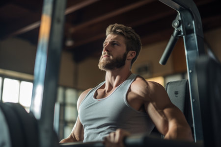 Strong powerful athletic European Caucasian man doing bodybuilding barbell in gym masculine guy on workout bodybuilding working out exercising male fitness sport training body sportsman use equipmentの素材
