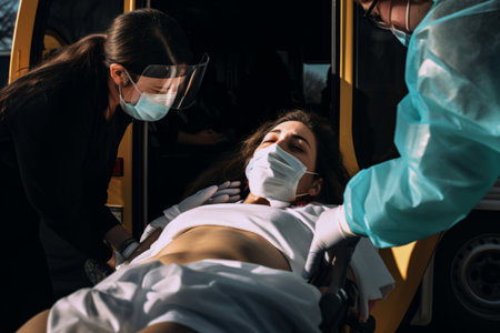 Ambulance paramedics saving patients life professional doctors helping people medics transportation to hospital danger health risk healthcare system injured patient urgent help medical insuranceの素材