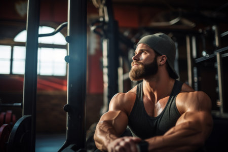 Strong athletic European Caucasian man doing bodybuilding in gym masculine guy on workout bodybuilder working out exercising male fitness sport trainer training athletic body heavy metal equipmentの素材