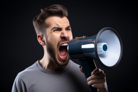 Young angry european man shouting to megaphone phone makes loud announcement adult male voice advertisement ad screaming microphone mouth speech anger furious person arguing authority opinion speakerの素材