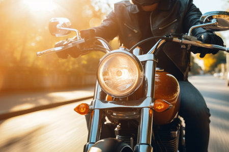 Confident cool guy in moto helmet biker man riding motorcycle bike male in jacket driving motorbike helmet protection road speed sport trip fast motorcyclist person ride wheel way roadway driverの素材