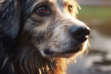 Close up portrait unhappy wet black grey dog with smart brown plaintive eyes thinking look listening owner rain walk. Interested worried pet homeless dog on street city animal care veterinary serviceの素材