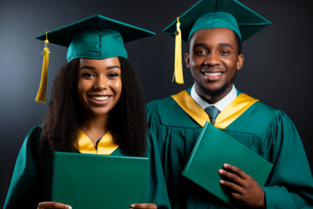 Happy cheerful African American couple students graduation gown costume hat holding diploma standing together posing university college campus enjoying celebrating graduation ending education portraitの素材