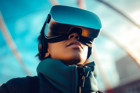 Woman girl student user computer technology female wearing VR headset virtual reality goggles exploration metaverse modern advanced tech future progress playing cyber game experience gaming outdoorsの素材