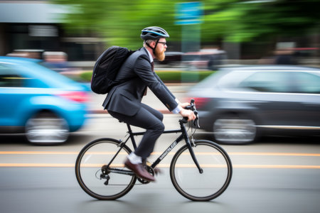 Successful hipster middle age caucasian stylish businessman bearded male man costume going office work by bike riding bicycle morning city road. Healthy ecology lifestyle cycling transport bicyclistの素材