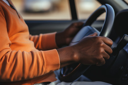 African American male drivers hands on wheel driving high speed movement sitting inside car. Man hold steering wheel over shoulder view transport transportation tourism trip cab taxi businessman workの素材