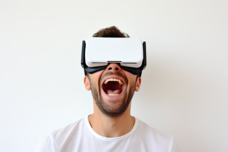 Excited european man guy use computer technology happy person wear VR headset virtual reality goggles exploration metaverse modern advanced tech future progress plays cyber game experience backgroundの素材