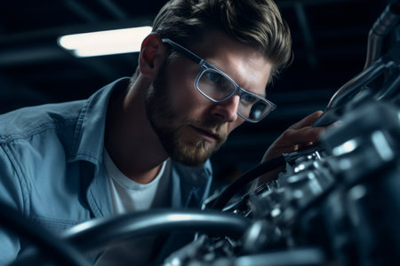 Focused automotive industry complex engines auto car factory production line repair shop workers man safety measures eyewear manufacturing mechanical scientific close-up shot employee concentrationの素材