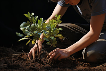Close-up male man farmer worker gloved hands planting seeds touching soil ground gardening growth green vegetable tree plant. Landscape designer business ecology eco activist agriculture earth careの素材