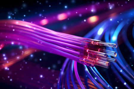 Colorful optic fiber electrical cables wires neon waves lines abstract 3d ai design background pattern glow colored streams information optical connection internet web multicolor data led technologyの素材