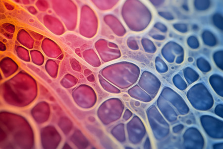 Microscopic macro close-up shot scientific research epithelial tissue biological anatomical capture of human animal plant cells muscles osmosis. Detailed microscope view nature organism body structureの素材