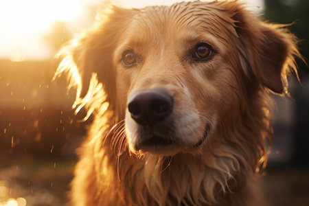 Portrait intelligent wet Golden Retriever dog smart brown plaintive eyes looking camera rain water drop sunset walk. Interested worried red pet homeless dog street city animal care veterinary serviceの素材