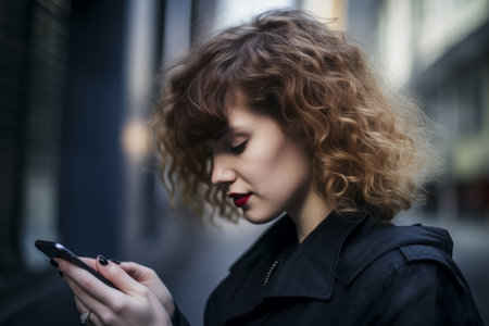 Portrait young elegant pretty female businesswoman depressed facial expression holds looking smartphone. Beautiful girl texting communication send message use mobile phone work call clients outdoorsの素材