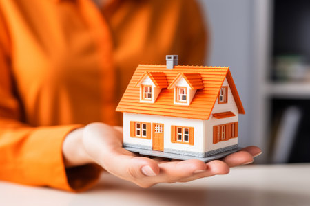 Real estate retiree woman agent orange hands holding house model insurance businessman investing private property mortgage home rent apartment for sale flat business owner landlord credit paymentsの素材