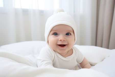 Portrait adorable cute happy joyful little newborn baby smiling looking camera crawling white bed comfortable home. Healthy child care childbirth infant family values moments happiness loving parentsの素材