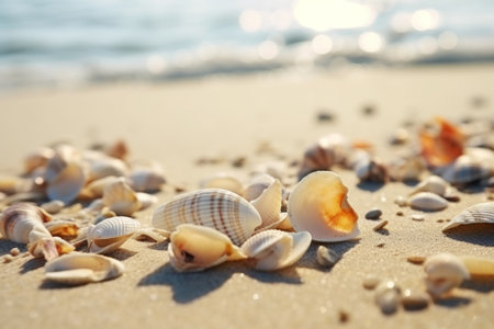 Seashells shells laying on sand sea beach tropical sanded seashore sandy seacoast blue waves backdrop beauty calm tranquil ocean seaside environment summer day vacation exotic aqua island backgroundの素材