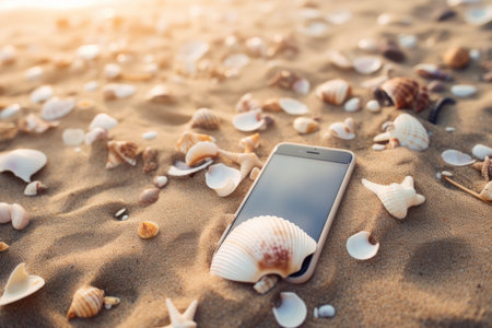 Smartphone lost mobile phone cellphone modern gadget lying sand beach tropical sunny white sandy seashore seashells natural beauty tranquil seaside ocean travel online service tourism website resortの素材