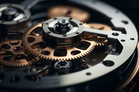 Reliable industrial mechanical gears macro cogs inside clock in motion in structured well-organized connected watch mechanism meshing parts together in precise manner and thoughtfully crafted synergyの素材