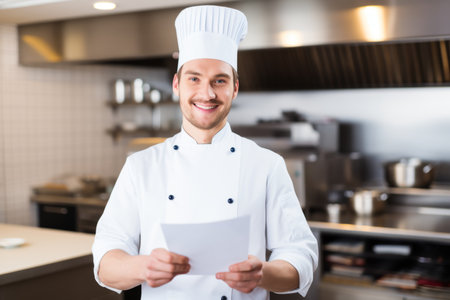 Smiling happy joyful man chef cook looking camera holding order paper groceries checking culinary recipe ingredient list preparing gastronomy dish commercial kitchen. Delivery food shopping onlineの素材