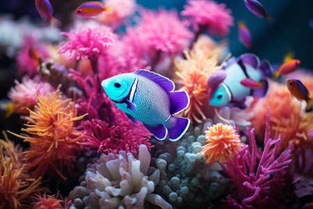 Cute colorful group underwater fish sea ocean aquarium beautiful tropical coral reef. Oceanarium animal wildlife marine ecology panorama water nature snorkel diving ecosystem environmental save planetの素材
