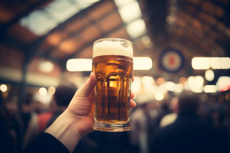 Person holding cold fresh craft beer Oktoberfest Munich brilliance delicious unbottled foam mug glass keg beer wooden table bar pub. Brewery non-alcoholic drink party degustation holiday hospitableの素材