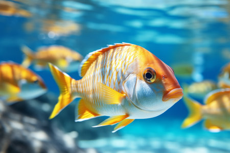 Exotic Ñolorful group underwater fish ocean aquarium beautiful tropical coral reef. Oceanarium animal wildlife marine ecology panorama water nature snorkel diving ecosystem environmental save planetの素材