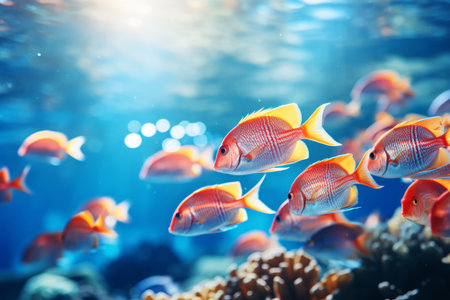Exotic Ñolorful group underwater fish ocean aquarium beautiful tropical coral reef. Oceanarium animal wildlife marine ecology panorama water nature snorkel diving ecosystem environmental save planetの素材