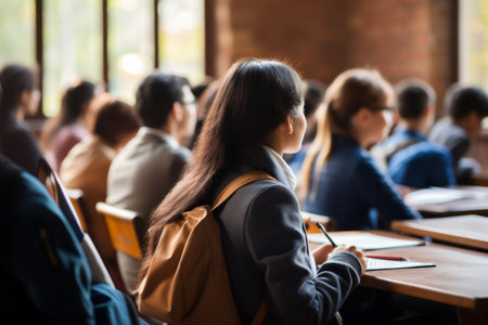 Diverse group backs of young people sitting outdoors man woman students listening speaker watching presentation conference cinema concert. Business education learning study entrepreneurship audienceの素材