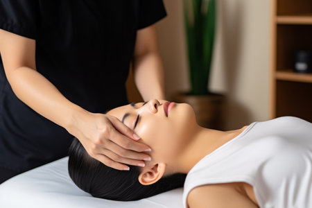 Portrait beautiful gorgeous relaxed pleased Asian woman female having neck pain professional acupuncture head massage therapist modern spa beauty salon aroma oil. Health face body skin care masseurの素材