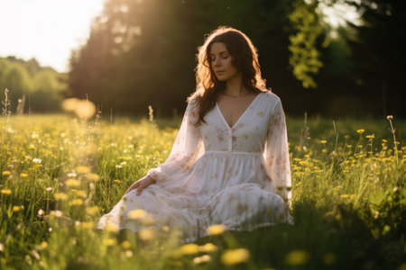 Portrait beautiful gorgeous young woman female lady pretty dress performing practice meditation soul freedom mind nature landscape. Mental health zen flower field emotions harmony yoga serenity relaxの素材