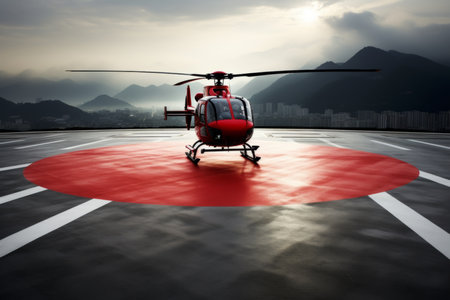 Luxury luxurious business helicopter private heli chopper on landing pad fast transportation success journey rich wealth corporate flight fly flying sky ground horizon sun clouds landing style stylishの素材