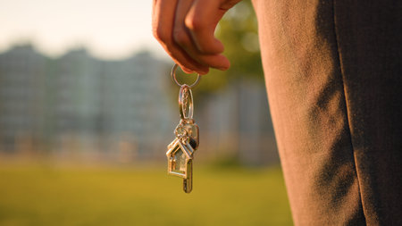 Cropped view female hand African American woman girl realtor buyer holding bunch of keys to new...