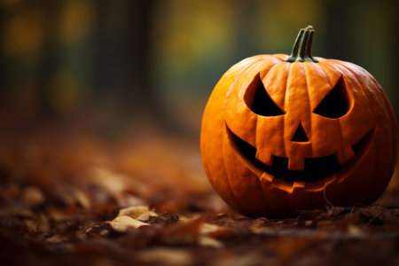 Happy Halloween party Jack O Lantern orange pumpkin scary spooky creepy carving evil smile angry face glowing. Trick treat holiday dark mysterious night eerie horror October nightmare decor festivalの素材