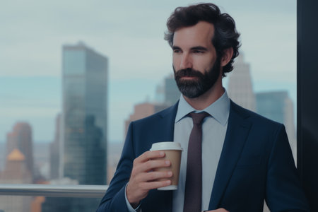 Portrait serious handsome confident businessman mature man male drinking cup coffee break thinking morning successful Caucasian person office employee company entrepreneur startup CEO finance investorの素材
