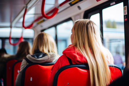 Back view unrecognizable European young woman lady female girl taking ride sitting public urban transport inside modern bus safe fast comfortable transportation city travel passenger lifestyle routineの素材