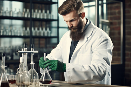 Portrait confident mature man male student scientist professional specialist working test sample innovation. Scientific research technology laboratory medicine tube chemistry biochemistry experimentの素材