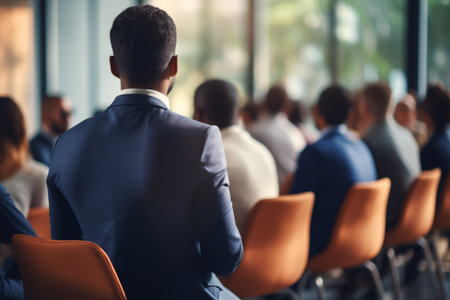 Back view group diverse serious confident business people professionals conference meeting presentation CEO. Office education training team working project planning leadership investor startup companyの素材