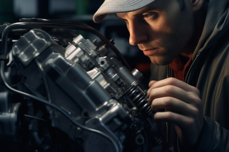 Focused automotive industry complex engines auto car factory production line repair shop workers man safety measures eyewear manufacturing mechanical scientific close-up shot employee concentrationの素材