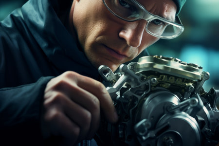 Focused automotive industry complex engines auto car factory production line repair shop workers man safety measures eyewear manufacturing mechanical scientific close-up shot employee concentrationの素材