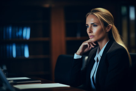 Portrait serious gorgeous young blonde business lady female suit sitting thinking analysing document data. Woman office employee company manager entrepreneur job startup CEO employer finance investorの素材