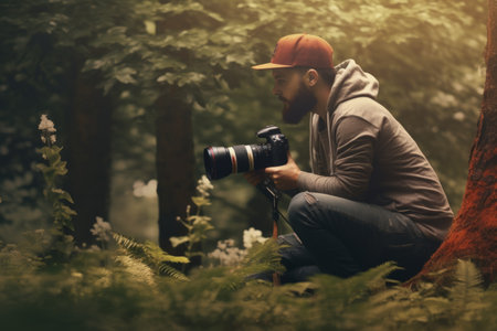 Side view concentrated Caucasian male man guy nature photographer taking photos video shooting professional camera during trip. Travel outside adventure lifestyle operator wildlife equipment cinematicの素材